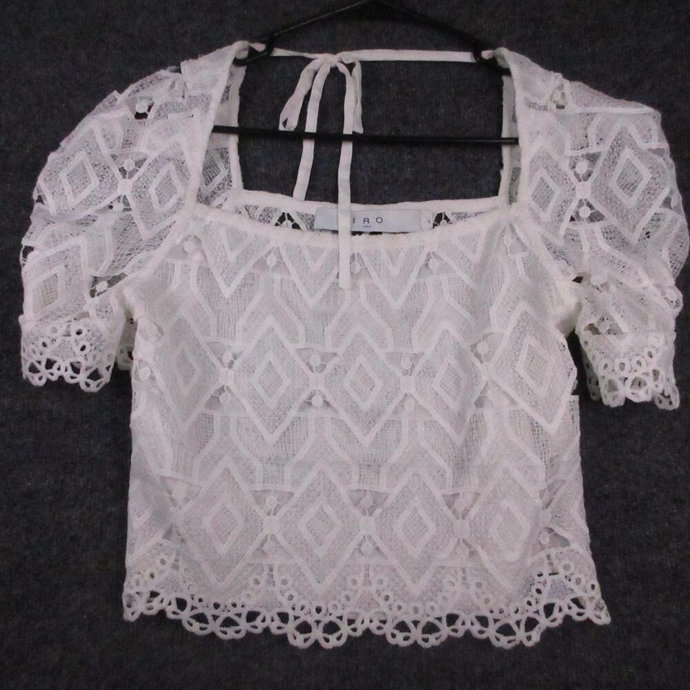 IRO Blouse Womens 34 White Lace Square Neck Puff Sleeve Sheer Cropped Top